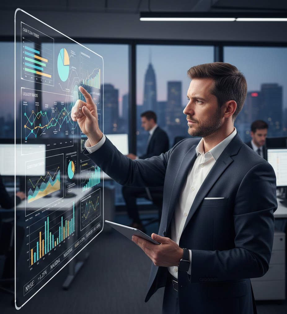 Directivo financiero analizando gráficos de flujo de caja y gestión de tesorería en pantalla interactiva con datos en tiempo real