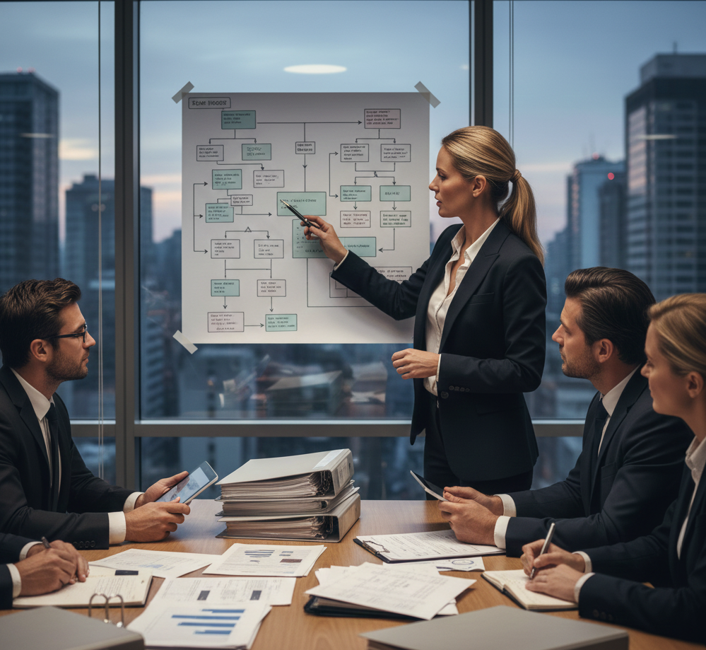 Auditor financiero realizando análisis detallado de procesos de tesorería con documentación y diagramas en reunión corporativa