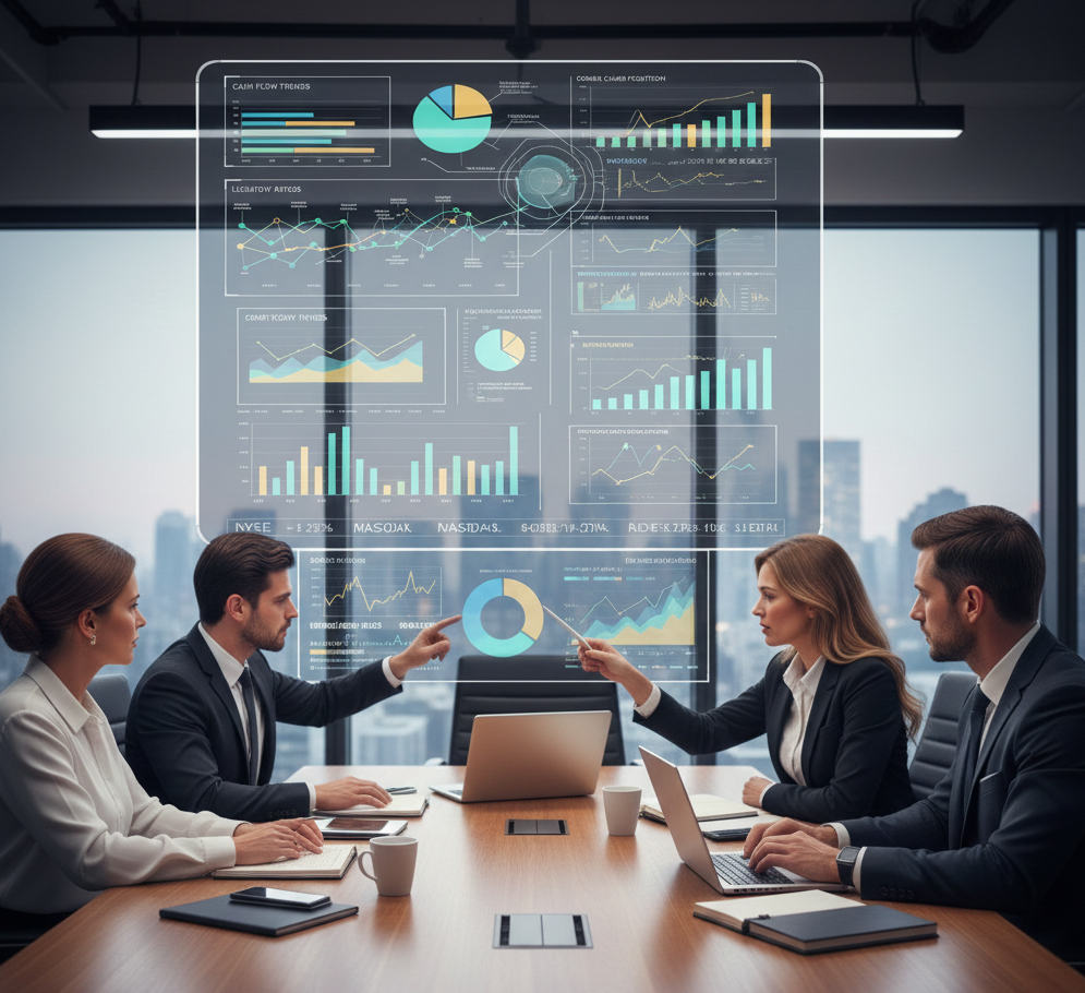 Equipo de consultores analizando dashboards de tesorería y flujos de caja consolidados en reunión de trabajo colaborativa