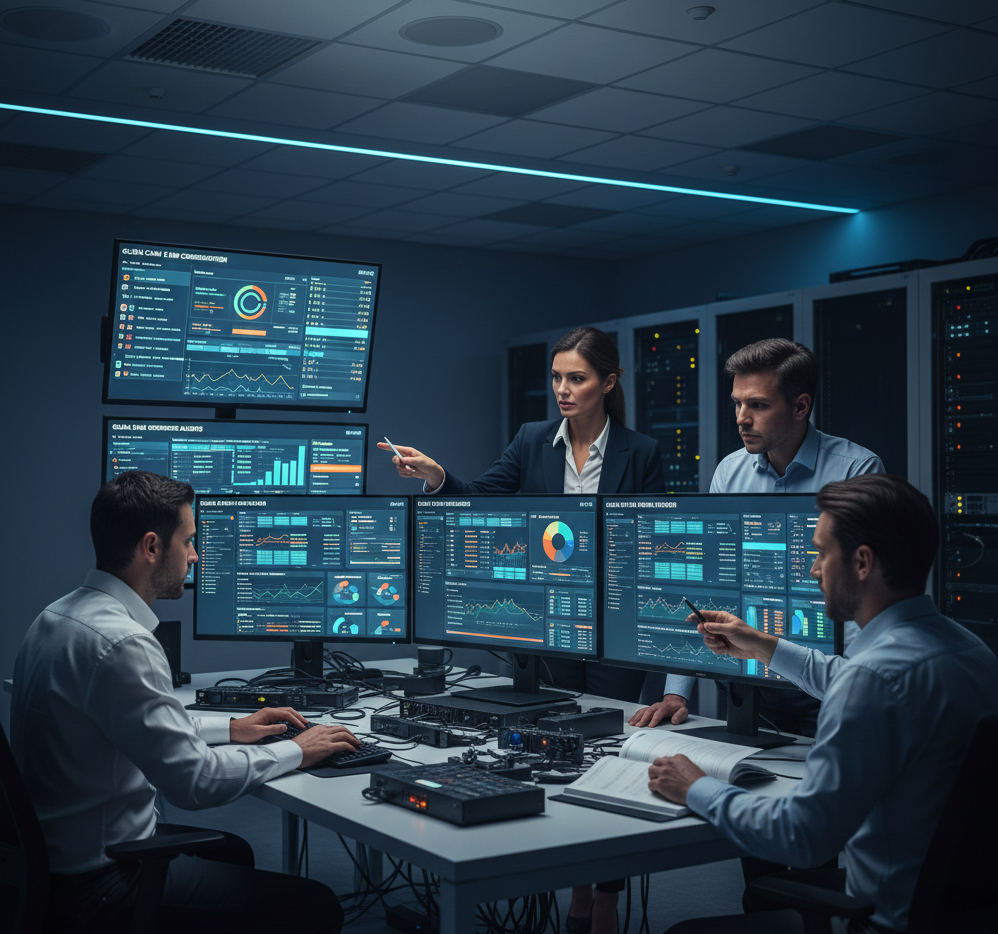 Equipo técnico implementando software de gestión de tesorería con múltiples pantallas mostrando dashboards y análisis de datos en tiempo real