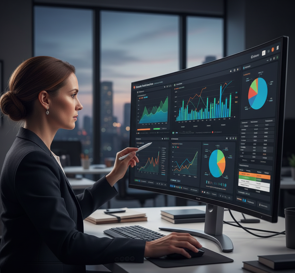 CFO revisando modelos financieros y proyecciones de flujos de caja en software especializado con gráficos analíticos